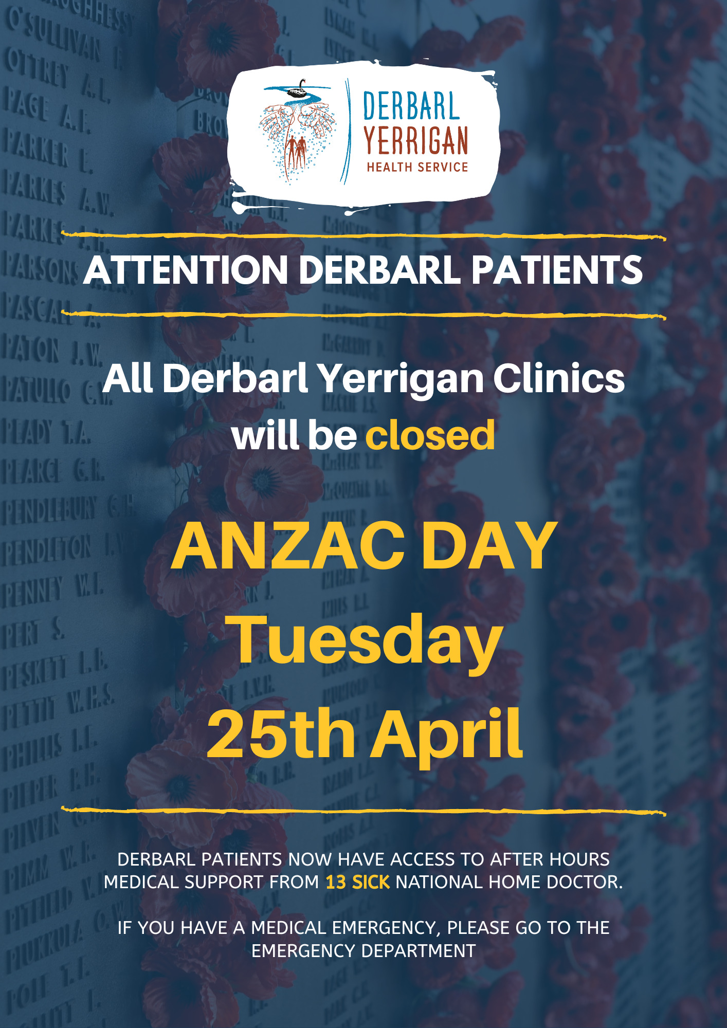 ANZAC Day Clinic Closures • Derbarl Yerrigan • Aboriginal Medical