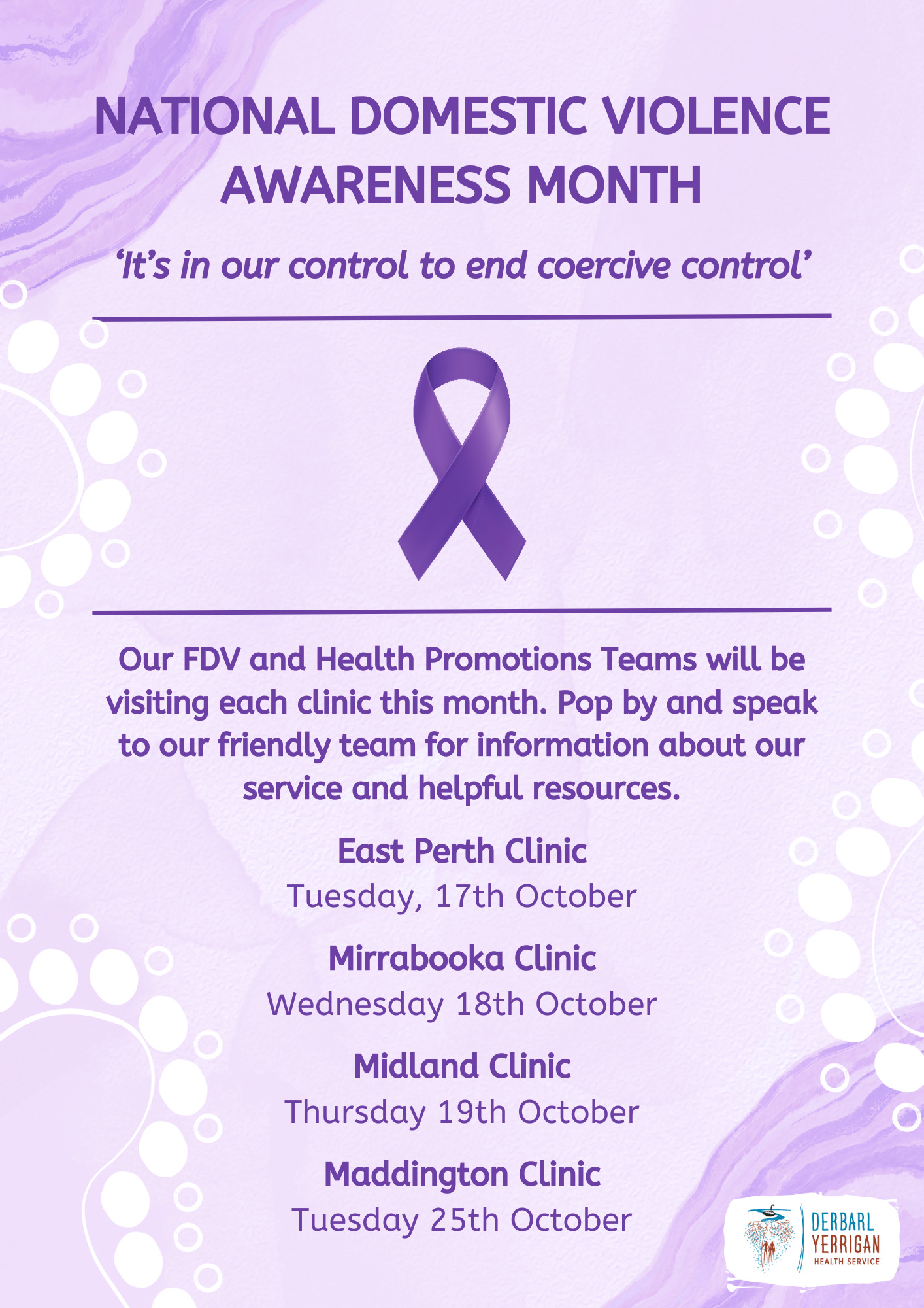 National Domestic Violence Awareness Month Visits • Derbarl Yerrigan ...
